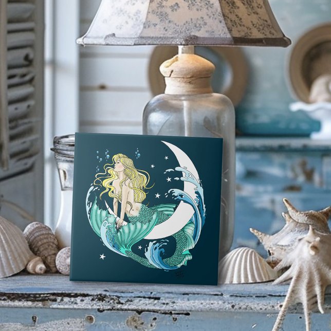 Blonde Mermaid Crescent Moon Fantasy Art Deco Ceramic Tile (Creator Uploaded)