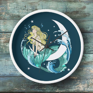 Blonde Mermaid Crescent Moon Fantasy Art Deco Clock