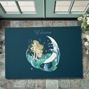 Blonde Mermaid Crescent Moon Fantasy Art Deco Doormat