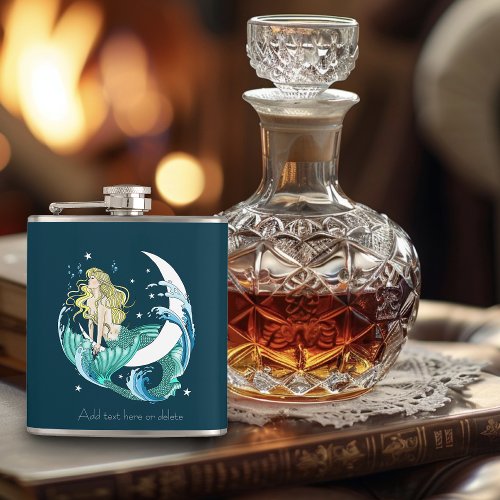 Blonde Mermaid Crescent Moon Fantasy Art Deco Flask