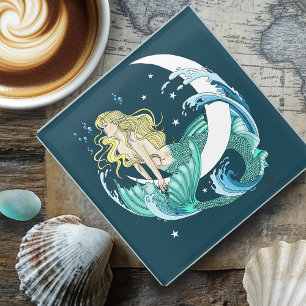 Blonde Mermaid Crescent Moon Fantasy Art Deco Glass Coaster