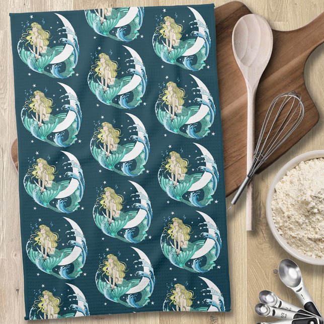 Blonde Mermaid Crescent Moon Fantasy Art Deco Kitchen Towel (Creator Uploaded)