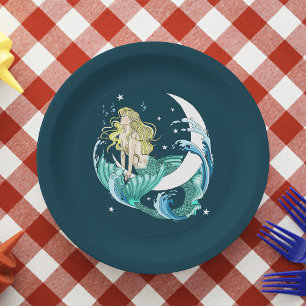 Blonde Mermaid Crescent Moon Fantasy Art Deco Paper Plates