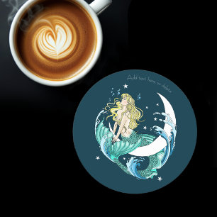 Blonde Mermaid Crescent Moon Fantasy Art Deco Round Paper Coaster