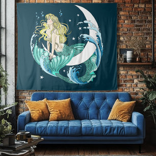 Blonde Mermaid Crescent Moon Fantasy Art Deco Tapestry