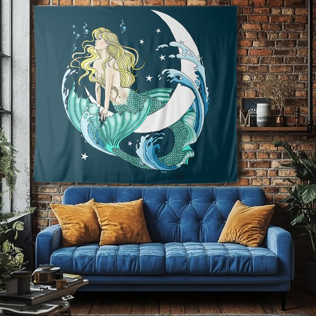Blonde Mermaid Crescent  Moon Fantasy Art Deco Tapestry (Creator Uploaded)