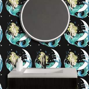 Blonde Mermaid Crescent Moon Fantasy Art Deco Wallpaper