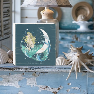 Blonde Mermaid Crescent Moon Fantasy Art Deco Wooden Box Sign