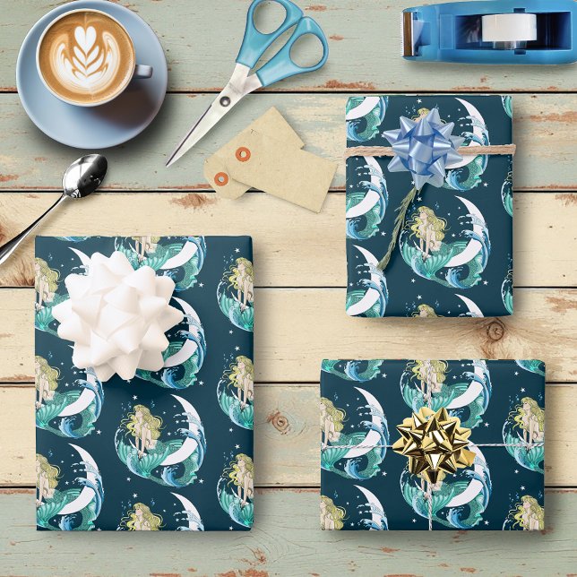 Blonde Mermaid Crescent Moon Fantasy Art Deco Wrapping Paper Sheets (Creator Uploaded)