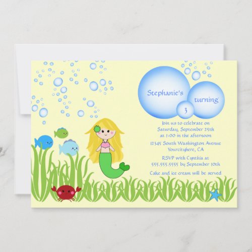 Blonde mermaid cute girl birthday party invitation