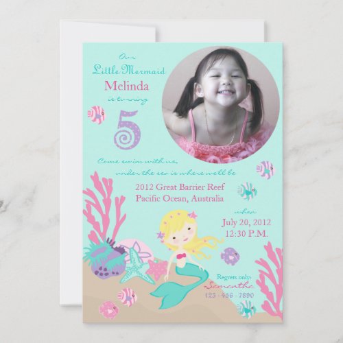 Blonde Mermaid Fifth Birthday Custom Invitations