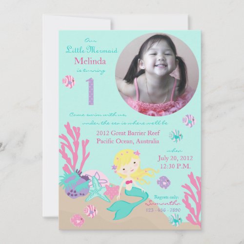 Blonde Mermaid First Birthday Invitation