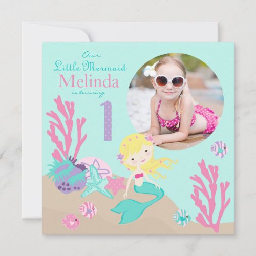 Blonde Mermaid First Birthday Invitation