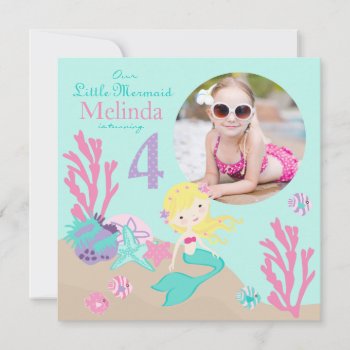 Blonde Mermaid Fourth Birthday Invitation by NouDesigns at Zazzle