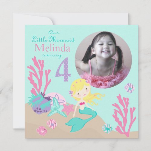 Blonde Mermaid Fourth Birthday Personalized Invitations