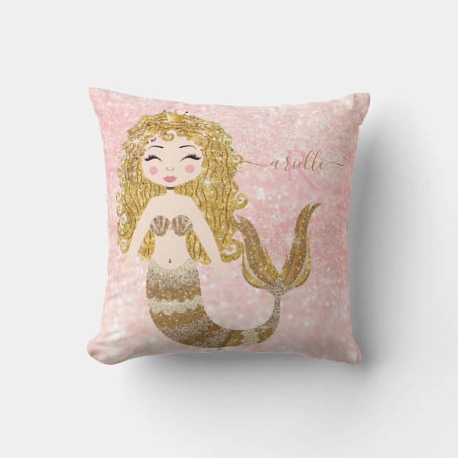 Blonde Mermaid Gold Glitter Baby Girl Shower Name Throw Pillow (Front)
