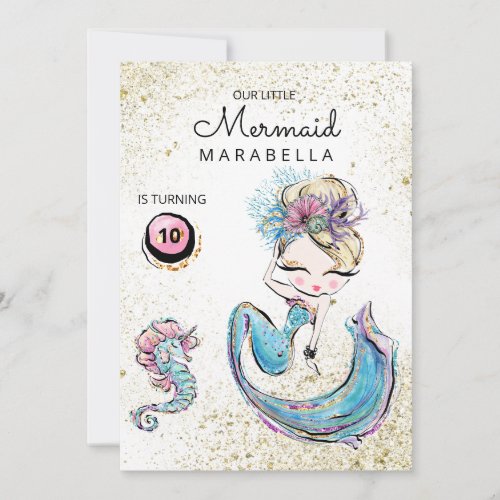 *~* Blonde Mermaid Gold Glitter Hair Birthday Invitation