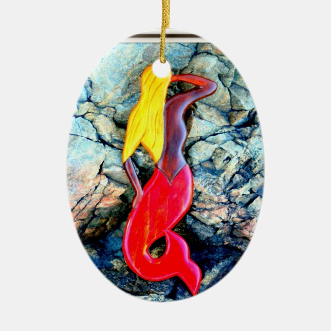 blonde mermaid in red ceramic ornament (Front)