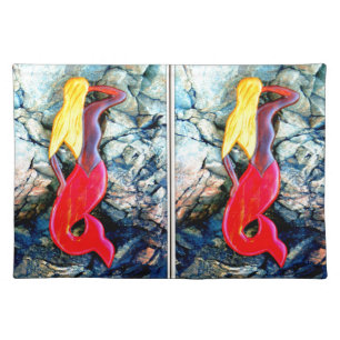 blonde mermaid in red cloth placemat