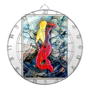 blonde mermaid in red dartboard with darts