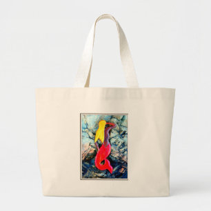 blonde mermaid in red large tote bag