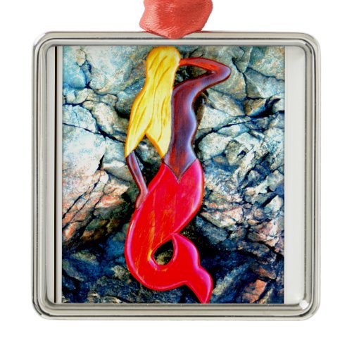blonde mermaid in red metal ornament