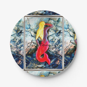 Blonde mermaid in red paper plates