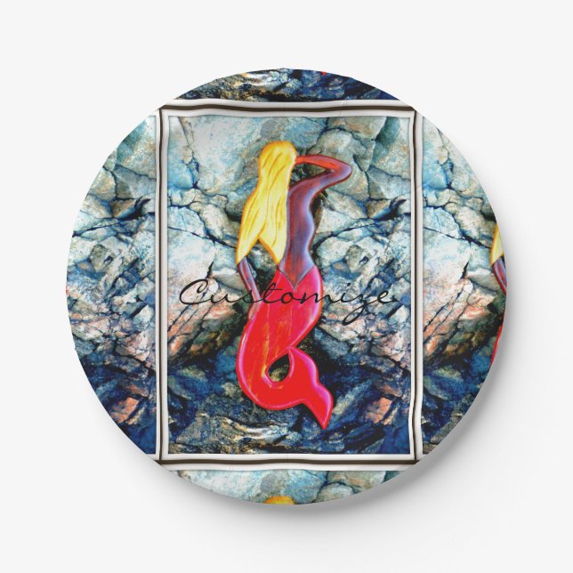 Blonde mermaid in red paper plates (Front)