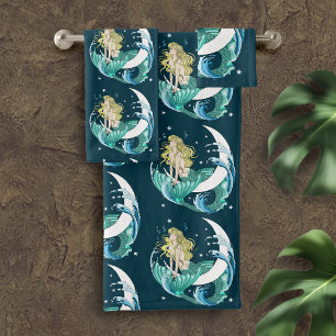 Blonde Mermaid Moon Fantasy Art Deco Bath Towel Set