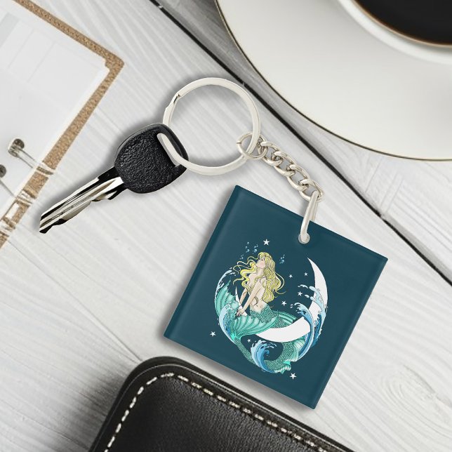Blonde Mermaid Moon Fantasy Art Deco Keychain (Creator Uploaded)