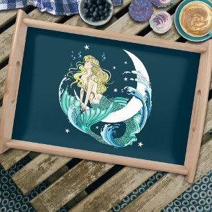 Blonde Mermaid Moon Fantasy Art Deco Serving Tray