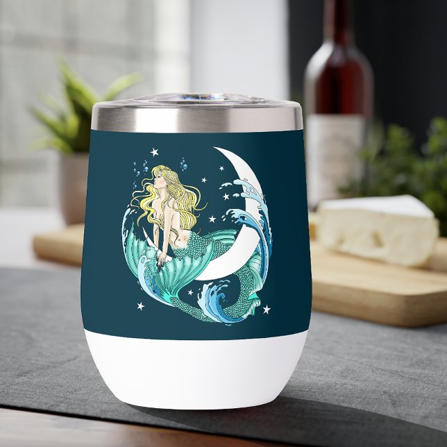Blonde Mermaid Moon Fantasy Art Deco Thermal Wine Tumbler (Creator Uploaded)