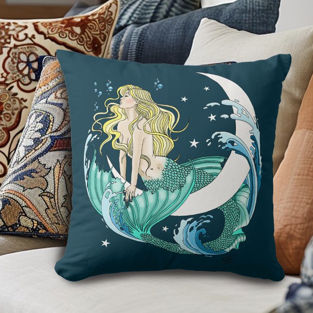 Blonde Mermaid Moon Fantasy Art Deco Throw Pillow (Creator Uploaded)