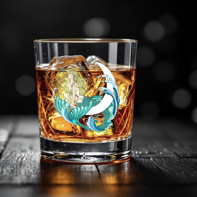 Blonde Mermaid Moon Fantasy Art Deco Whiskey Glass (Creator Uploaded)