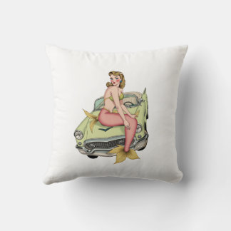Blonde Mermaid on Vintage Green Car Watercolor Ill Throw Pillow
