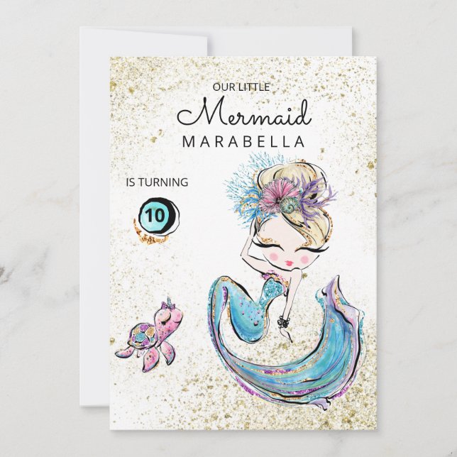 *~* Blonde Mermaid Sea Turtle Glitter Birthday Invitation (Front)