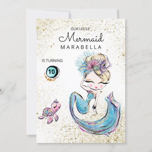  Blonde Mermaid Sea Turtle Glitter Birthday Invitation