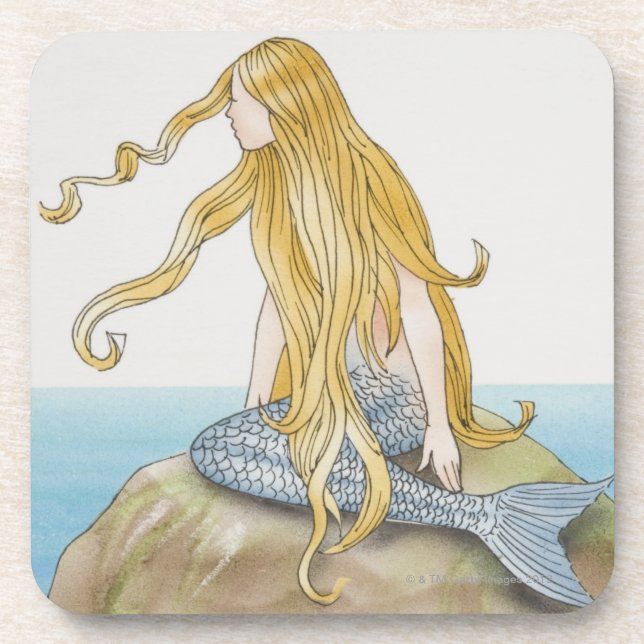 Blonde mermaid sitting on sea rock, side view. beverage coaster (Front)