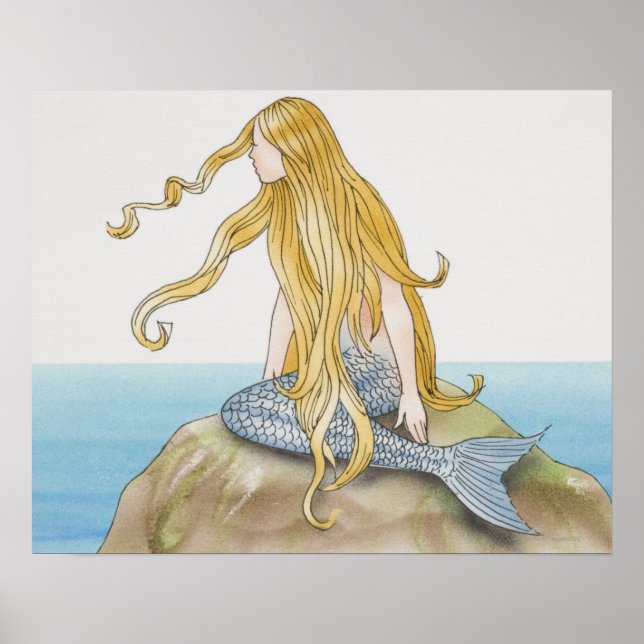 Blonde mermaid sitting on sea rock, side view. poster (Front)