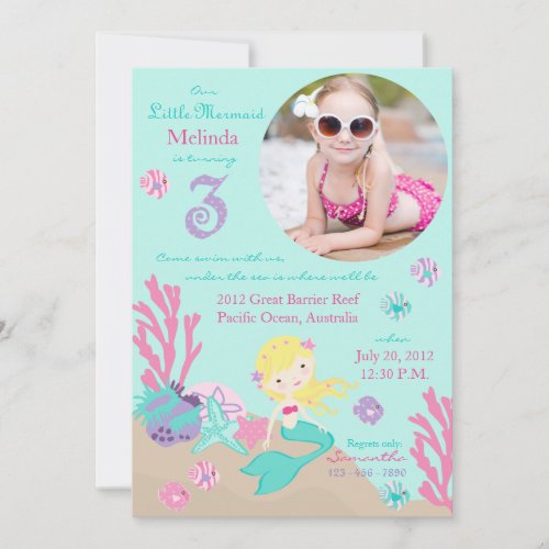 Blonde Mermaid Third Birthday Invitation