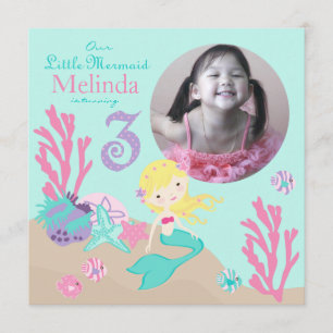 Blonde Mermaid Third Birthday Invitation