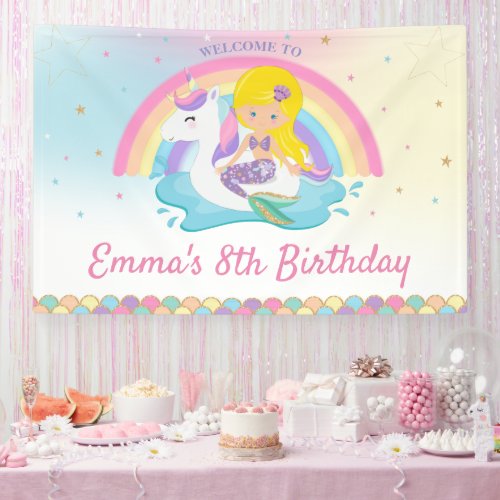 Blonde Mermaid Unicorn Pool Birthday Welcome  Banner