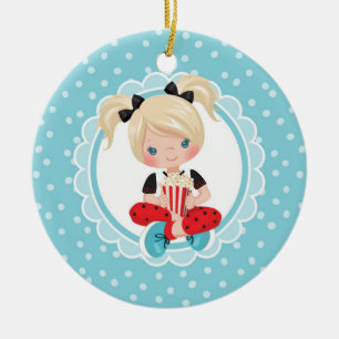 Blonde Movie Night Girl with Popcorn Ceramic Ornament