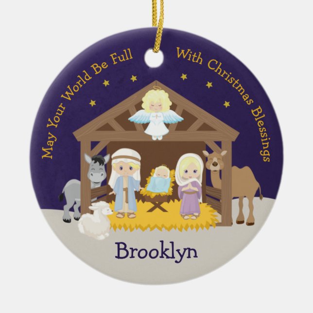 Blonde Nativity Scene Ceramic Ornament (Front)