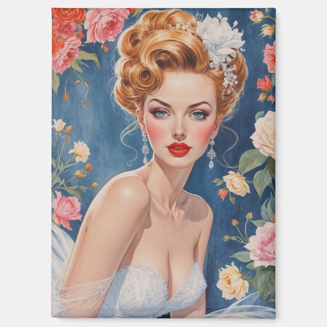 Blonde Pin-Up Bride Portrait Floral Background Magnet (Front)