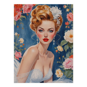 Blonde Pin-Up Bride Portrait Floral Background Poster