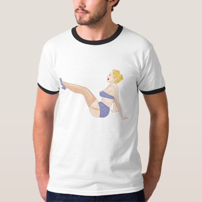 Blonde Pin up girl in pantyhose and garters T-Shirt (Front)