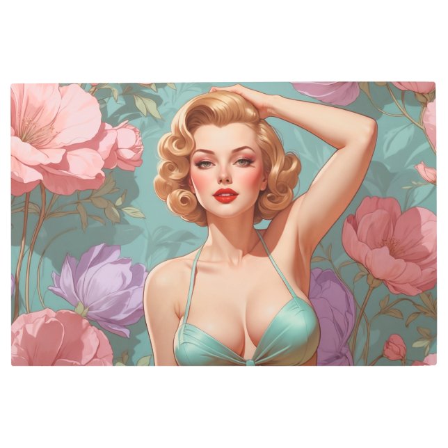 Blonde Pin-Up Pastel Flowers  Metal Print (Front)
