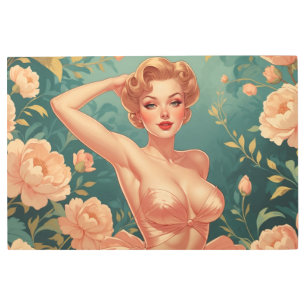Blonde Pin-Up Pink Pastel Flowers Metal Art