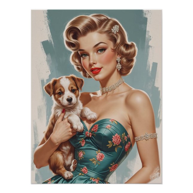  Blonde Pin-Up with cute puppy Poster (Front)